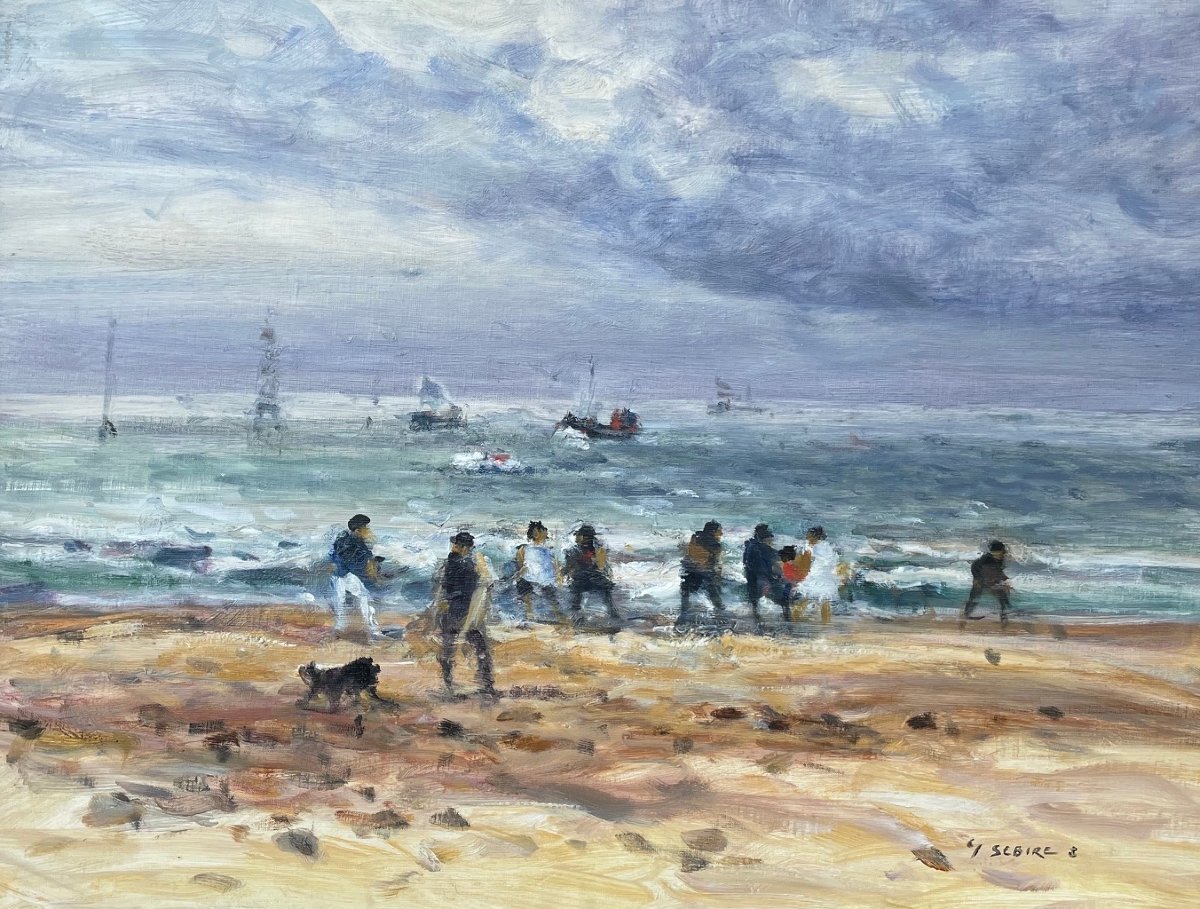 Ecole Française du XXème « Scène de plage côte Normande » par Gaston SEBIRE (1920-2001).
