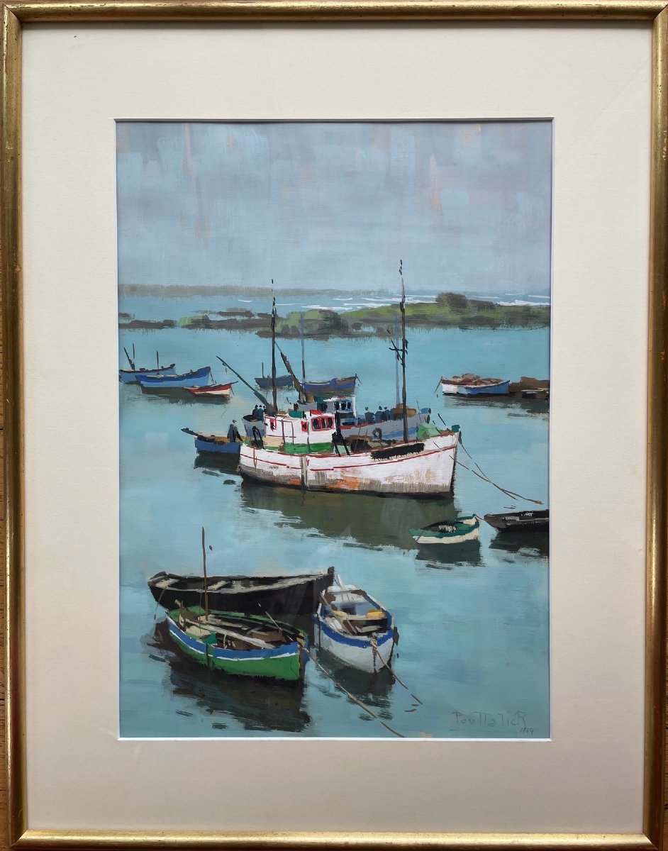 Ecole Française, figurative du XXème « Scène portuaire » par POUTTALIER-photo-2