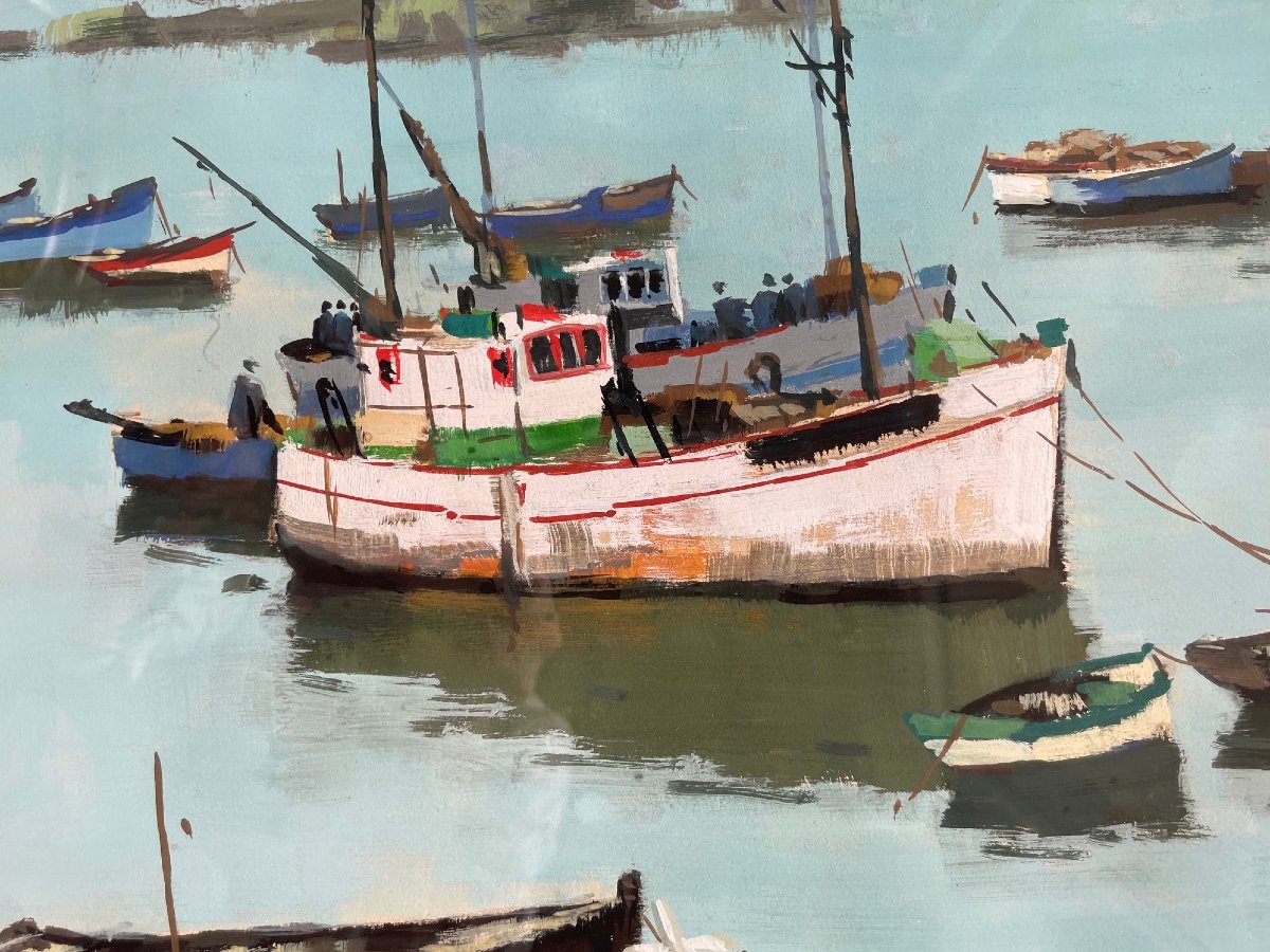 Ecole Française, figurative du XXème « Scène portuaire » par POUTTALIER-photo-1