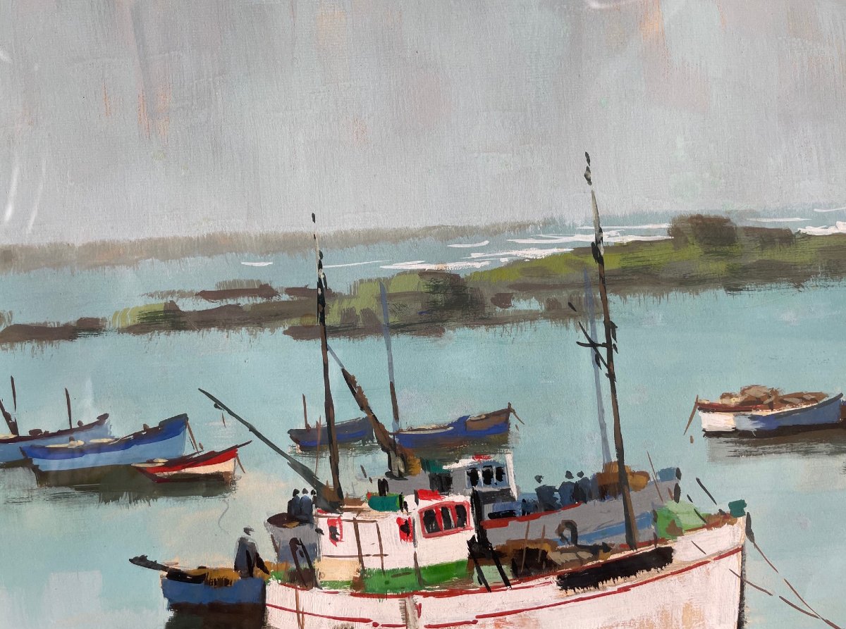 Ecole Française, figurative du XXème « Scène portuaire » par POUTTALIER-photo-2