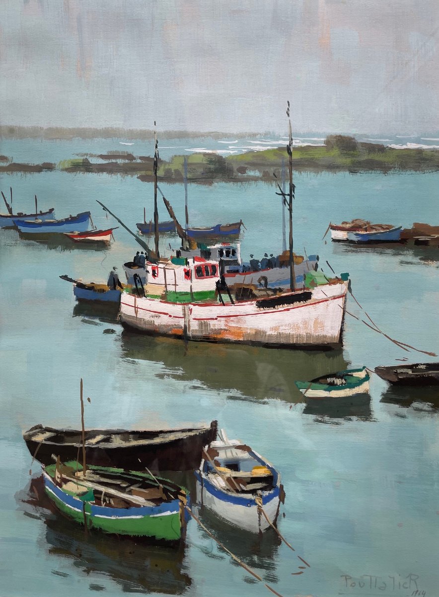 Ecole Française, figurative du XXème « Scène portuaire » par POUTTALIER