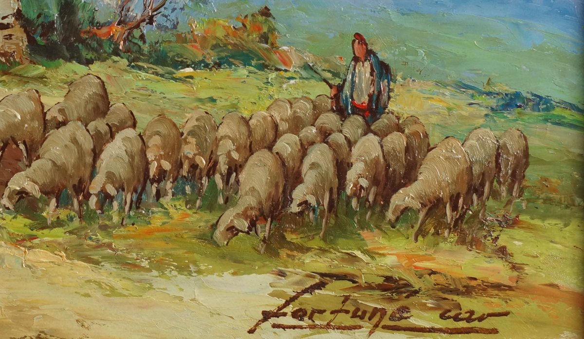 Ecole Française  « Scène Pastorale, berger et son troupeau » Par Fortune  Car (1905-1970)-photo-4
