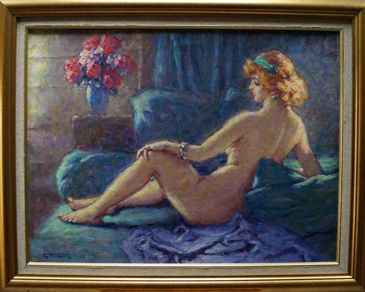 Ecole Française du XXème « Femme nue, allongée sur son divan »  Georges Warner, datée de 1964.-photo-3