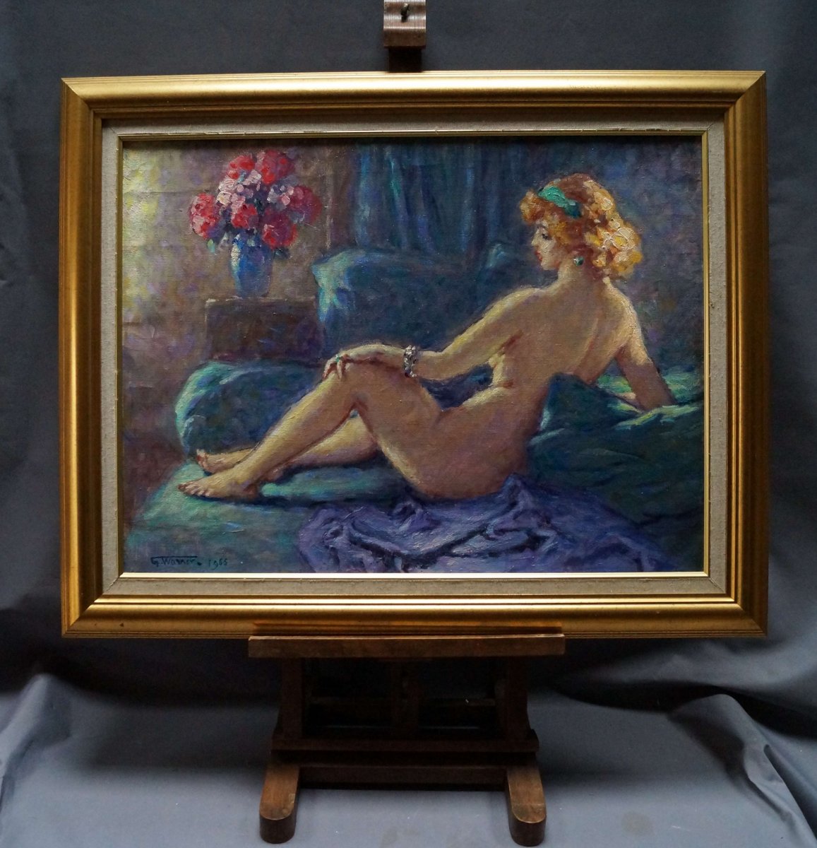 Ecole Française du XXème « Femme nue, allongée sur son divan »  Georges Warner, datée de 1964.-photo-2