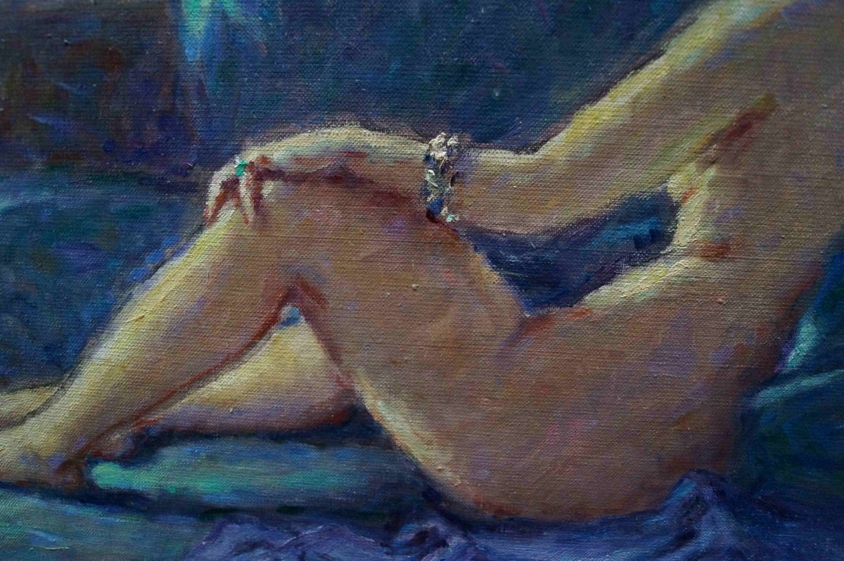 Ecole Française Du XXème   « Femme Nue, Allongée  Sur Son Divan » Par Georges Warner,  Datée De-photo-2