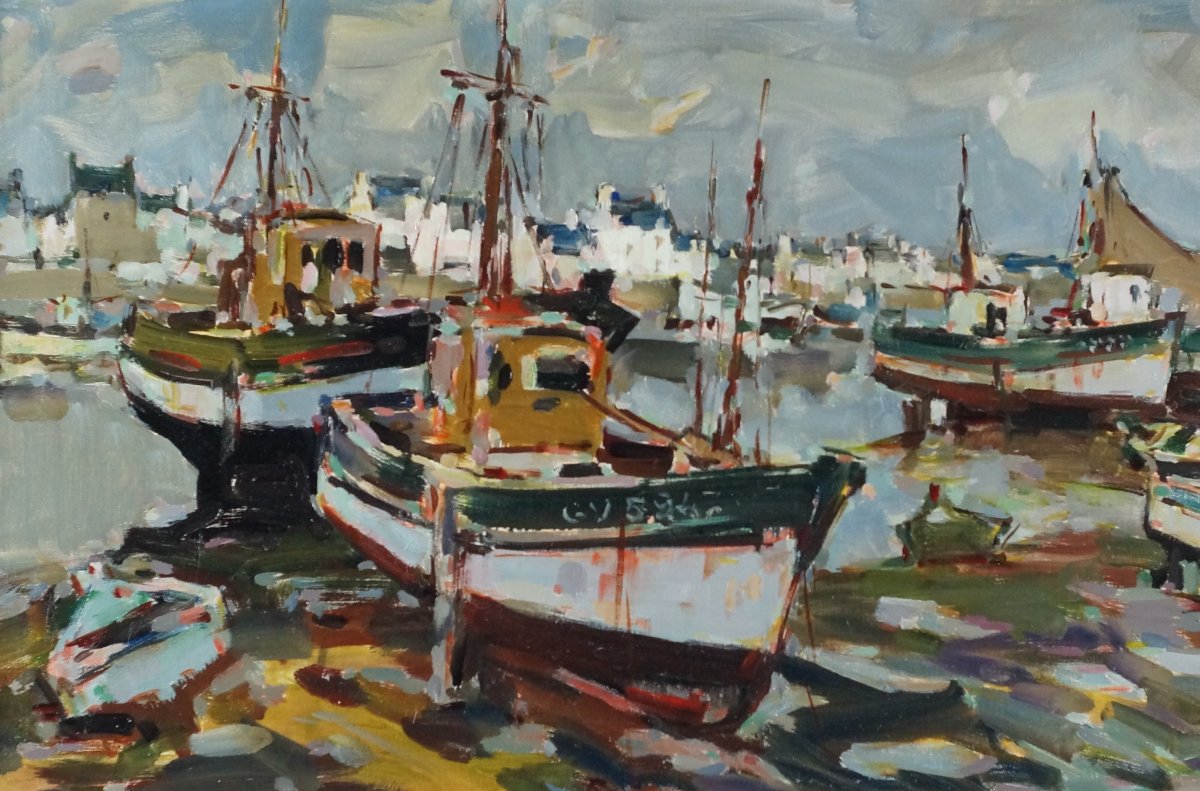 Ecole Française du XXème « Bateaux de pêche du Guilvinec » par LE TOULLEC (1902-1999).
