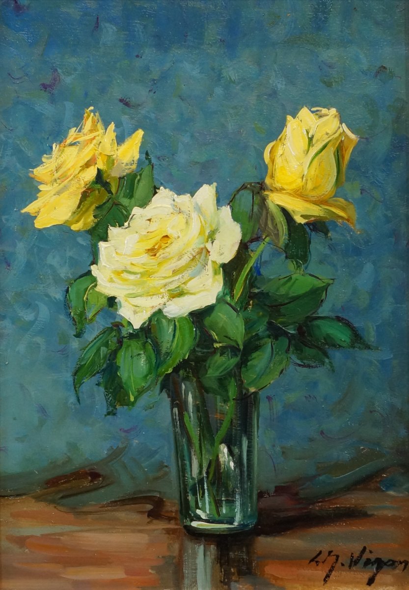 Ecole Française et de  Rouen  « Bouquet de roses jaunes » par Louis Jacques VIGON, Ecole de ROUEN  (1897-1985).