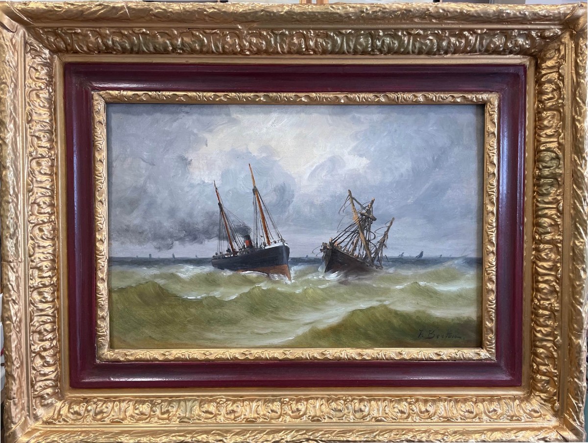 Ecole Française du XIX-XXème  «Marine, scène de naufrage»  par Jan Georges  BERTON.-photo-2