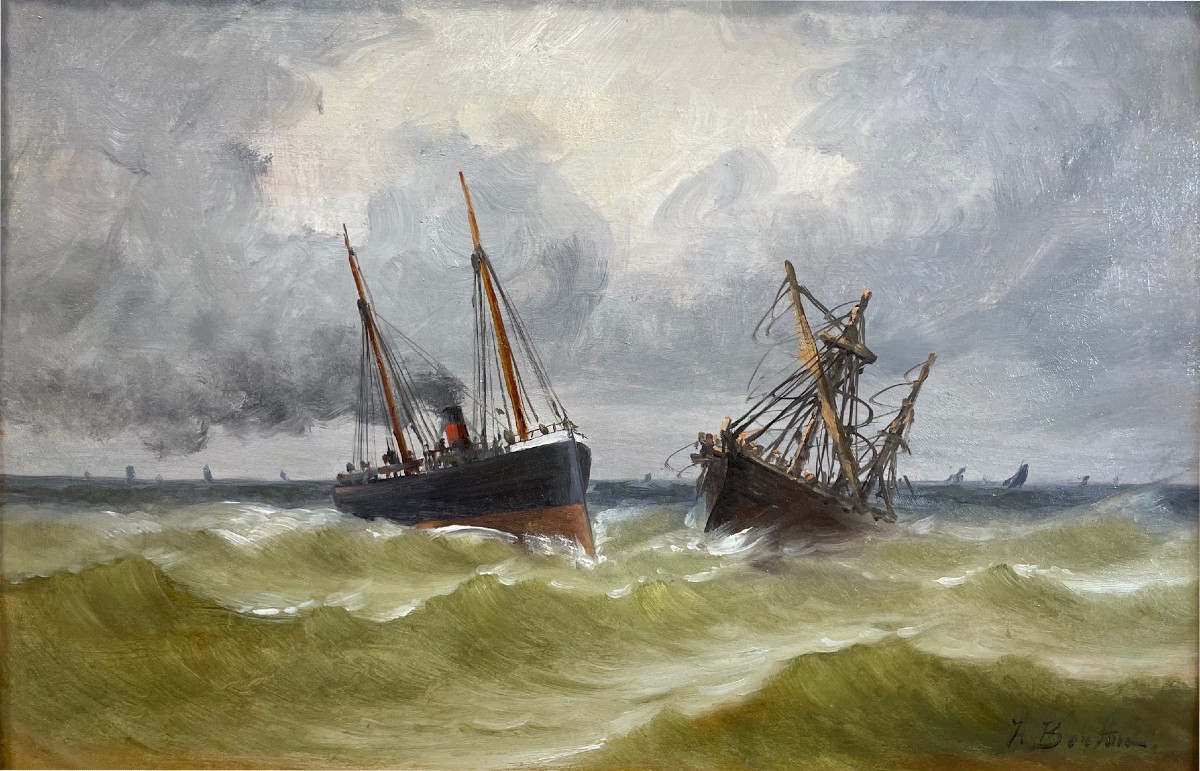 Ecole Française du XIX-XXème  «Marine, scène de naufrage»  par Jan Georges  BERTON.