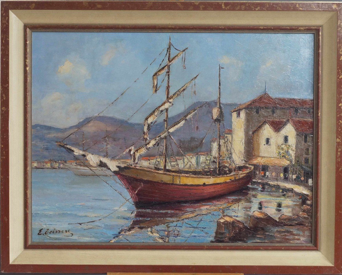 Ecole Française et Provençale du début XXème « Scène portuaire, vieux gréement à quai » par E. TEISSERE.-photo-2