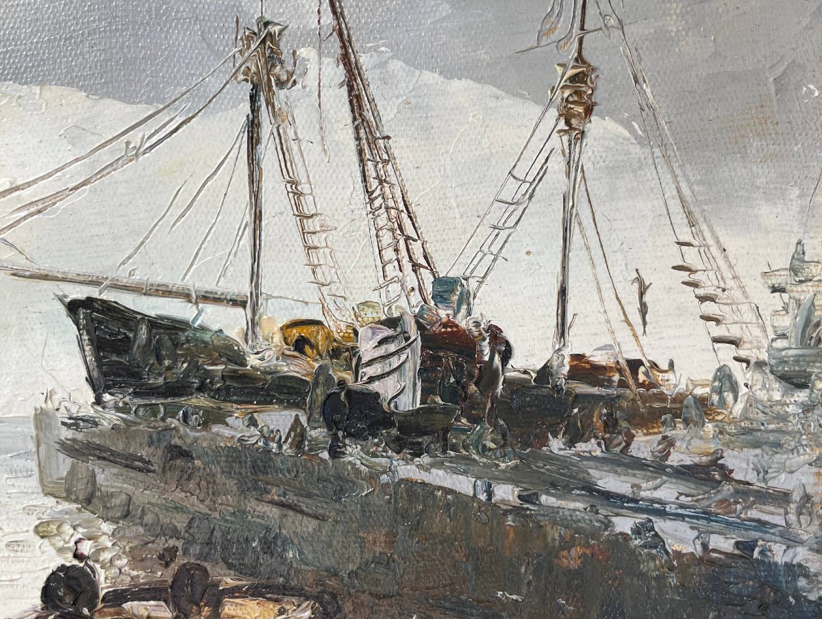 Early 20th Century School “marine, Port Scene” By Signature To Decipher.-photo-2