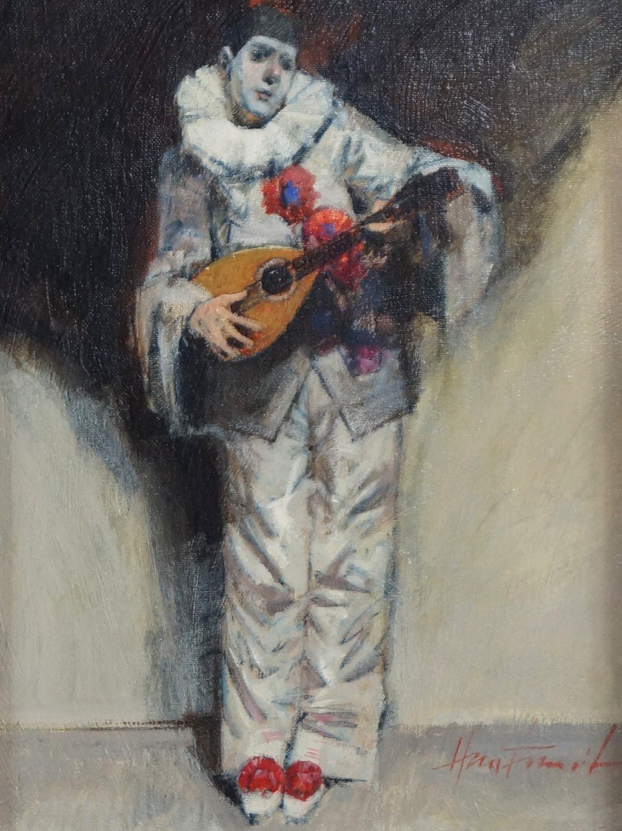 Ecole Française du XXème « Pierrot à la mandoline » Par Signature à Déchiffrer