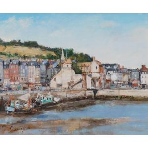 French School, Post-impressionist Of The Twentieth "honfleur, Basin At Low Tide" By Cramoysan.