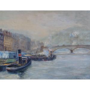 Rouen School And Post-impressionist “tugboats, Port Of Rouen” Pierre Gueret (1908-1966)