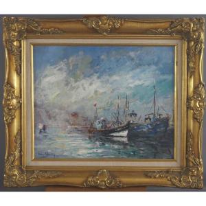 French School, Post-impressionist From The 20th Century “fishing Boats, Le Havre” By Henri Gaudin.