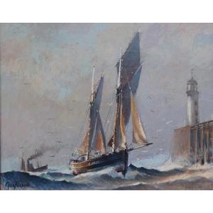 French School Of The 20th Century "sailboats In The Port" By Guy Peron.