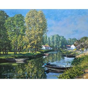 Ecole Française du XXème « La Sèvre à Coulon le matin. La Venise Verte » par Michel MARGUERAY