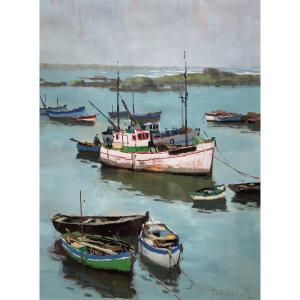Ecole Française, figurative du XXème « Scène portuaire » par POUTTALIER