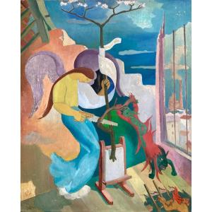 Hector De Pétigny (1904-1992) Oil On Panel, Dreamlike Workshop Scene In The Colors Of