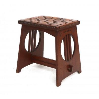 Art & Craft Stool In Wood And Seated In Leather Straps, Circa 1900, England