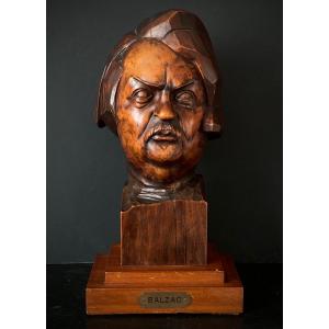 Manolo  Perez Valiente , Sculpture En Bois de la tête de Balzac. Signée. Datée 1943