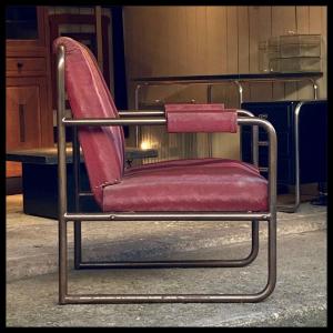 Large Armchair In Tubular Steel With Gunmetal Patina And Original Moleskin Upholstery