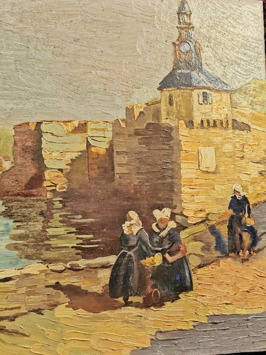 Tableau Marine de Bretagne -  C.  FERDEC - Scène à Concarneau (port Breton) hsl- XXème-photo-3