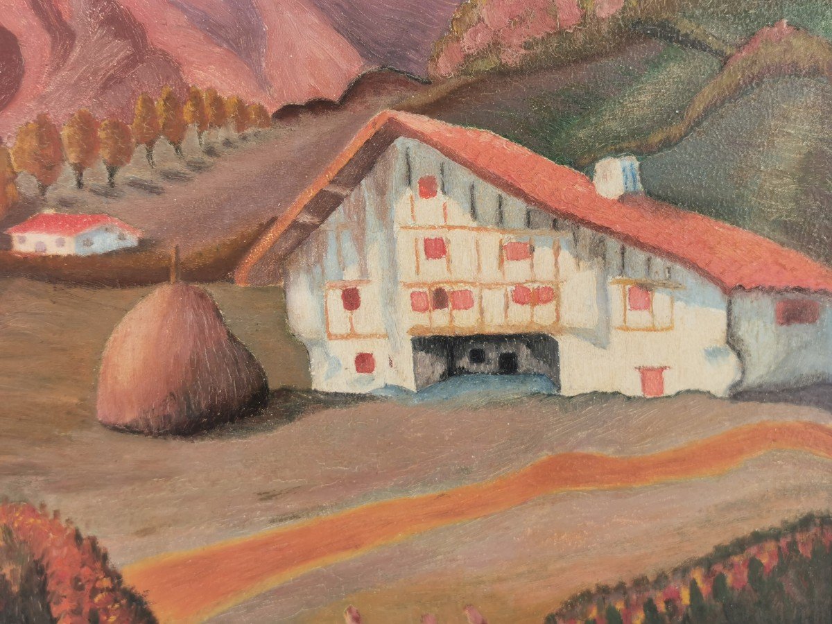 Tableau - paysage Figuratif Basque -  Peinture Huile.S.C. - 1940/60-photo-2