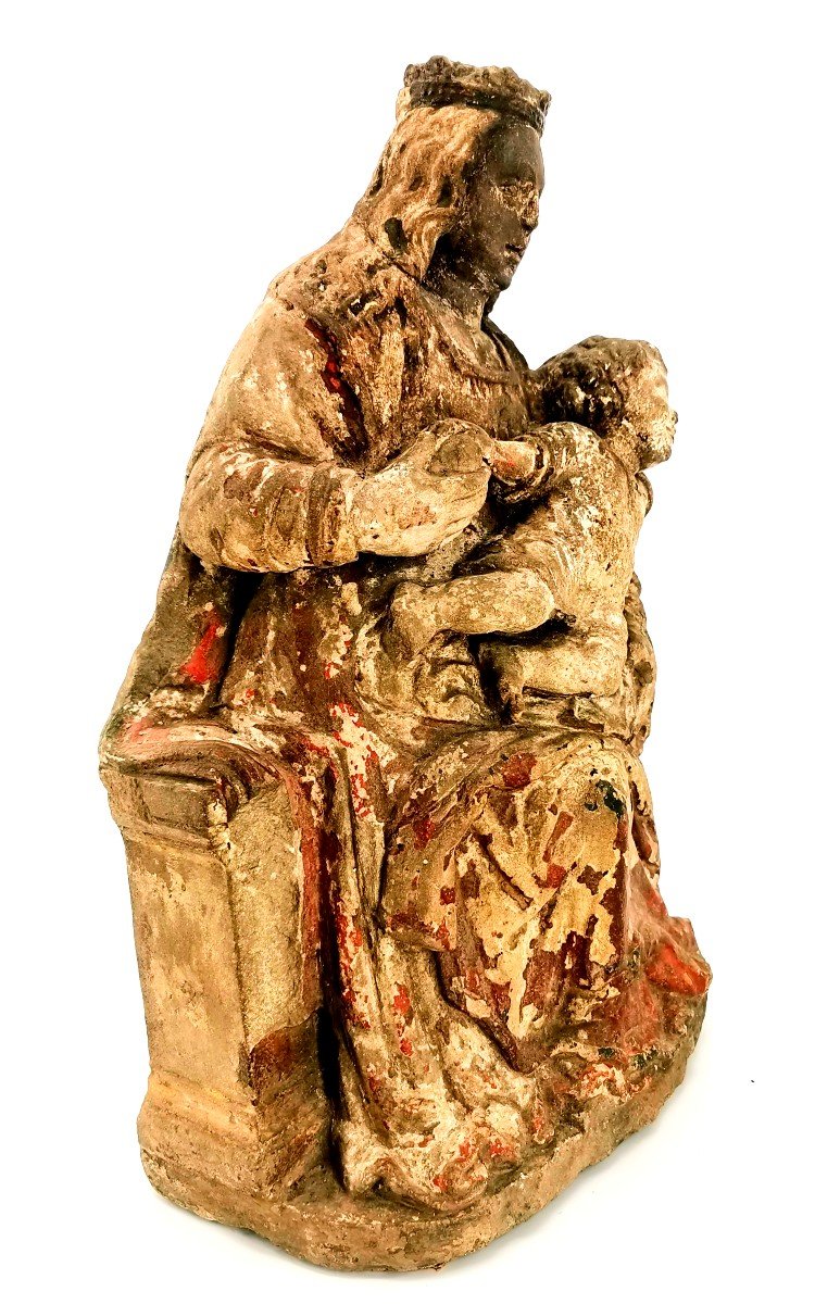 Sculpture Religieuse  - Statue renaissance Vierge en Majesté Polychrome - XV e France-photo-2