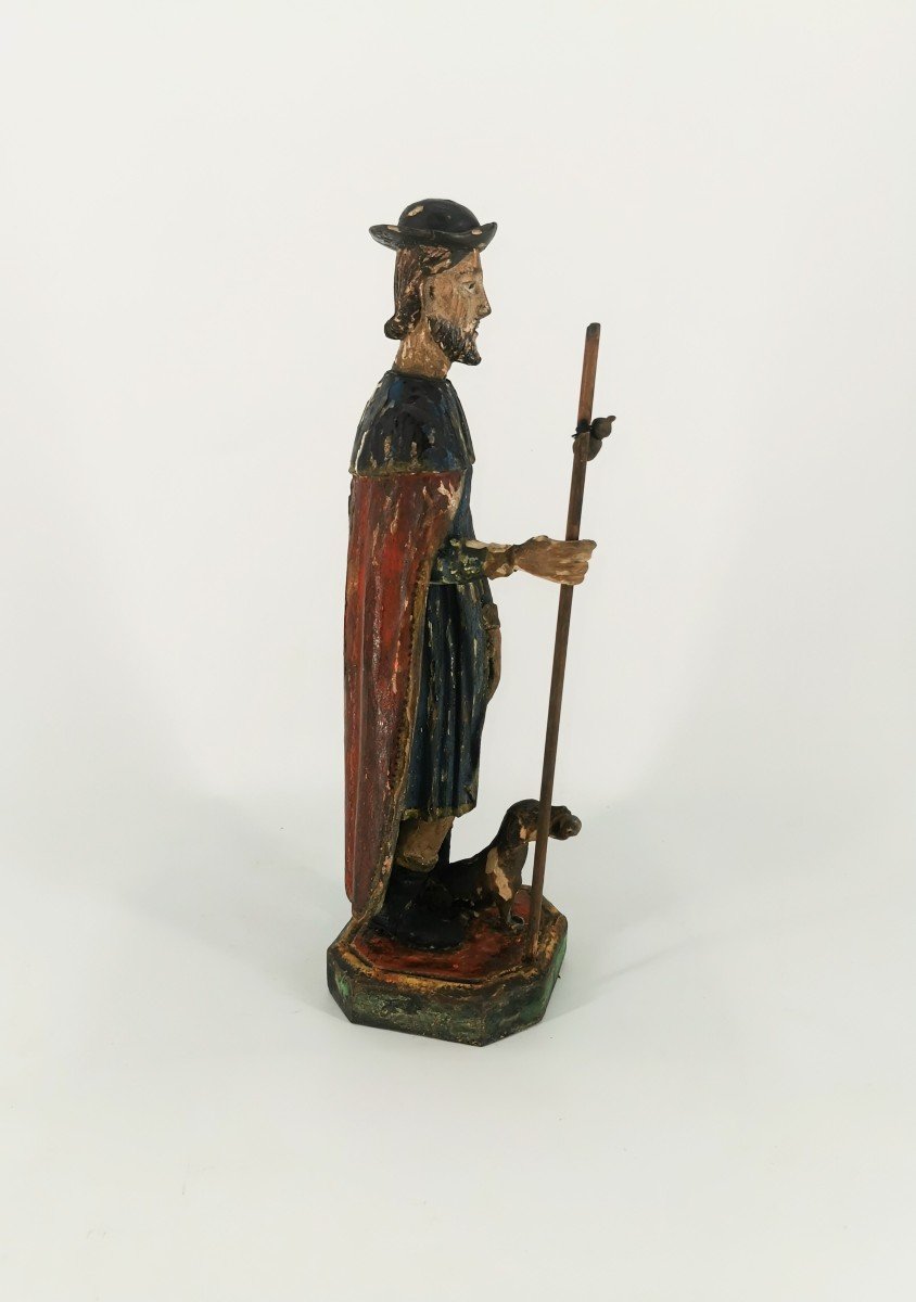 Sculpture Statue Polychrome - St Roch En Bois Sculpté - Reliquaire curiosité XVIII e-photo-4