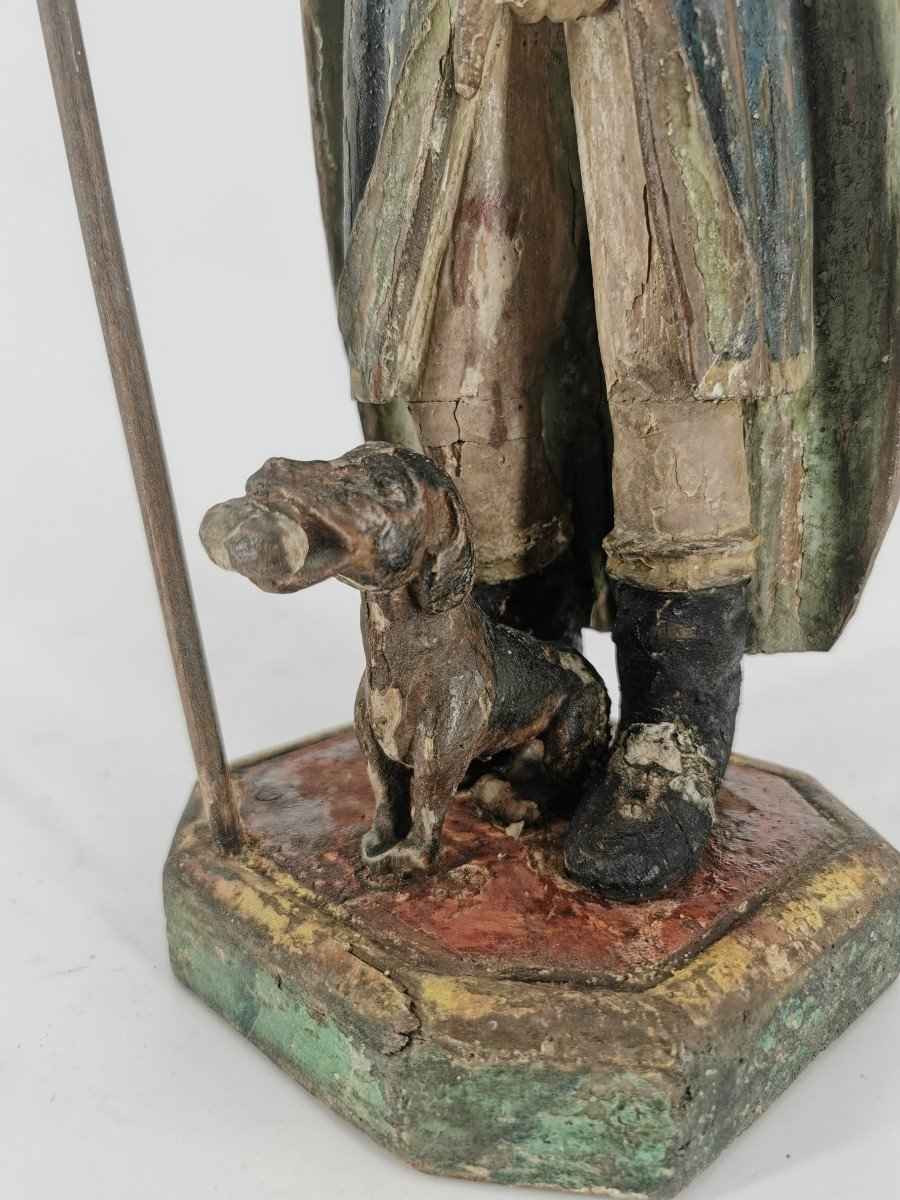 Sculpture Statue Polychrome - St Roch En Bois Sculpté - Reliquaire curiosité XVIII e-photo-1