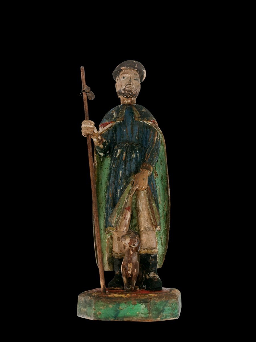 Sculpture Statue Polychrome - St Roch En Bois Sculpté - Reliquaire curiosité XVIII e-photo-6