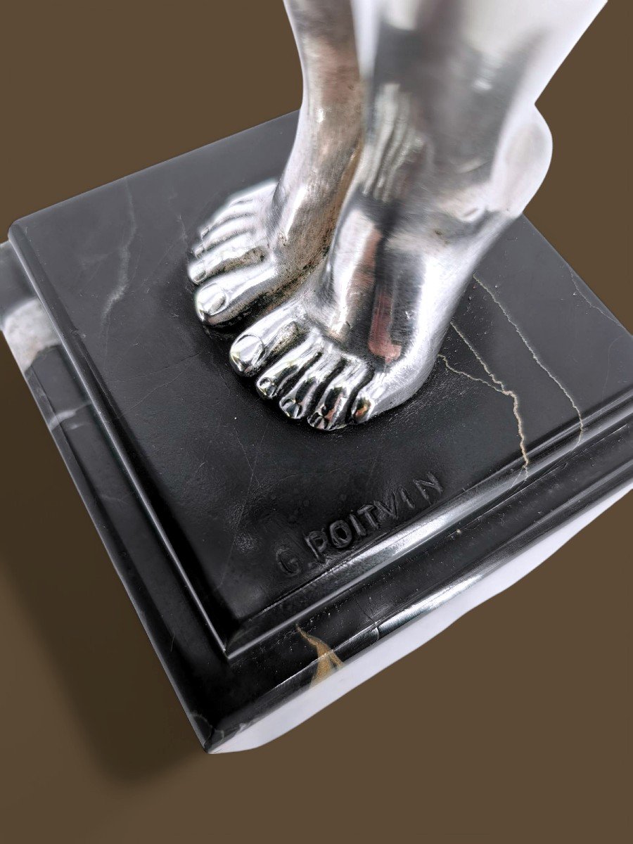 Silver Bronze Sculpture 1930 - Artist Gustave Poitvin (mascot) - 20th Century Art Deco Work-photo-3
