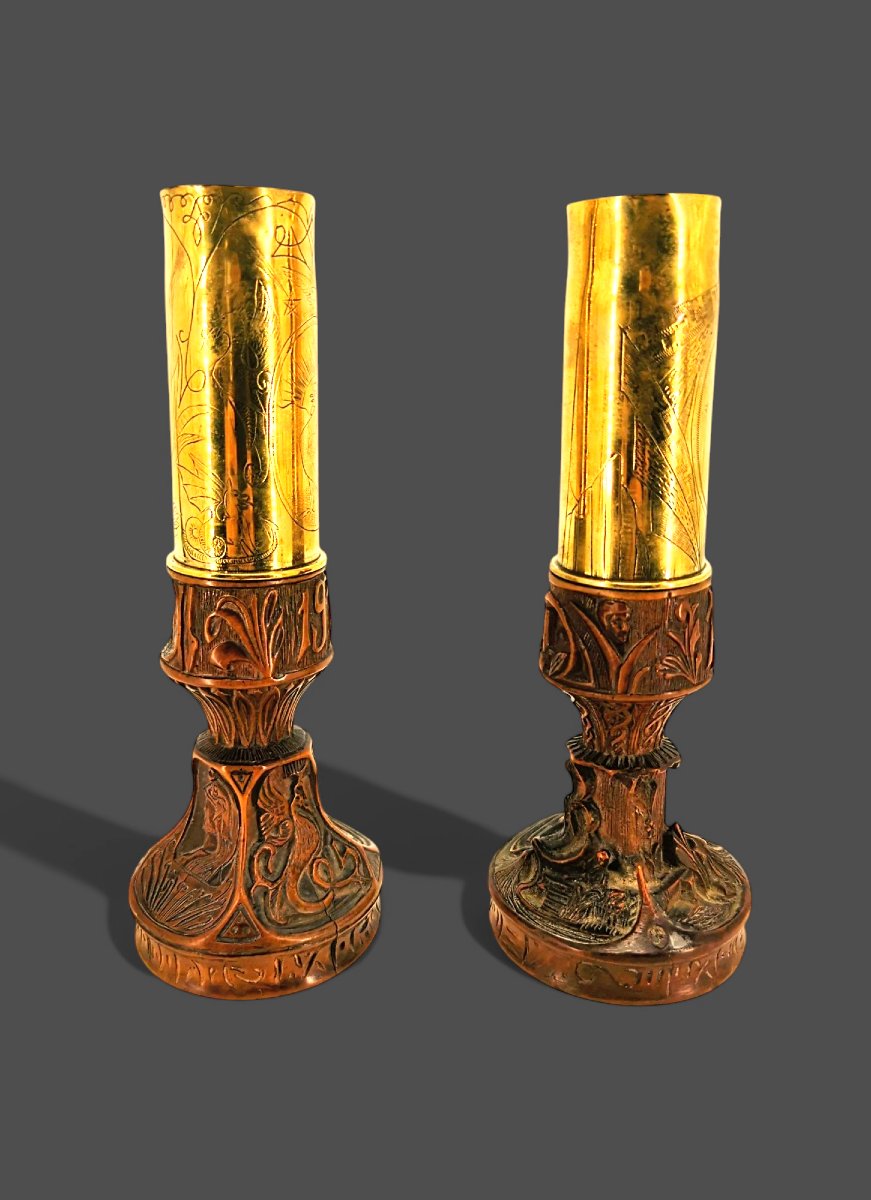 Pair Of Soldiers' Candlesticks - Trench Art - 20th Century Popular Sculpture -photo-3