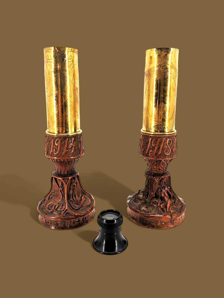 Pair Of Soldiers' Candlesticks - Trench Art - 20th Century Popular Sculpture 