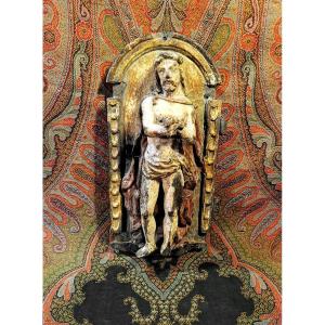 Sculpture XVII Th Christ With Ties In Polychrome Walnut (door Tabernacle Of Puy En Velay)