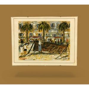 Tableau Vue Corse - Gouache d'Ajaccio 1958 - Oeuvre XX ème 