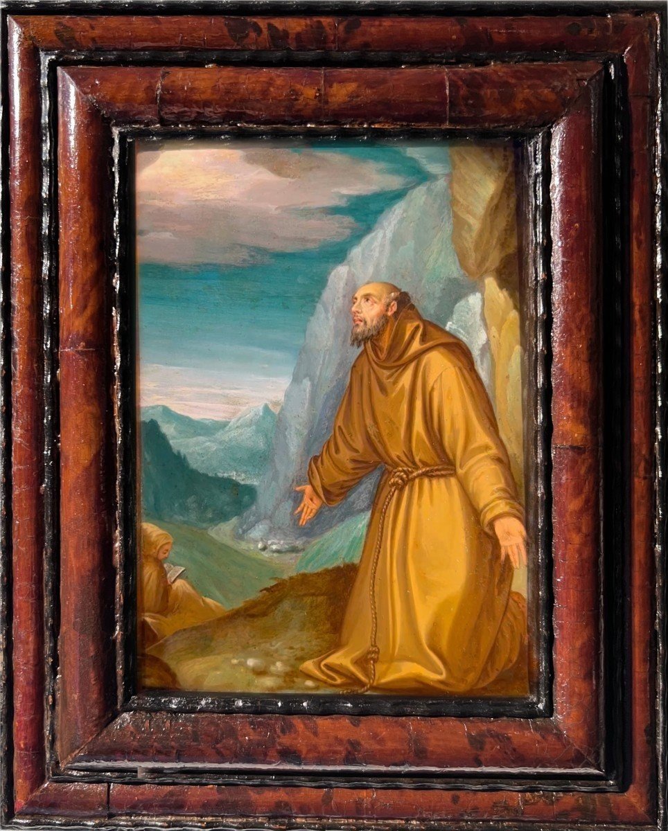 "Saint François d'Assise", huile sur cuivre italienne de XVIIème siècle.-photo-3