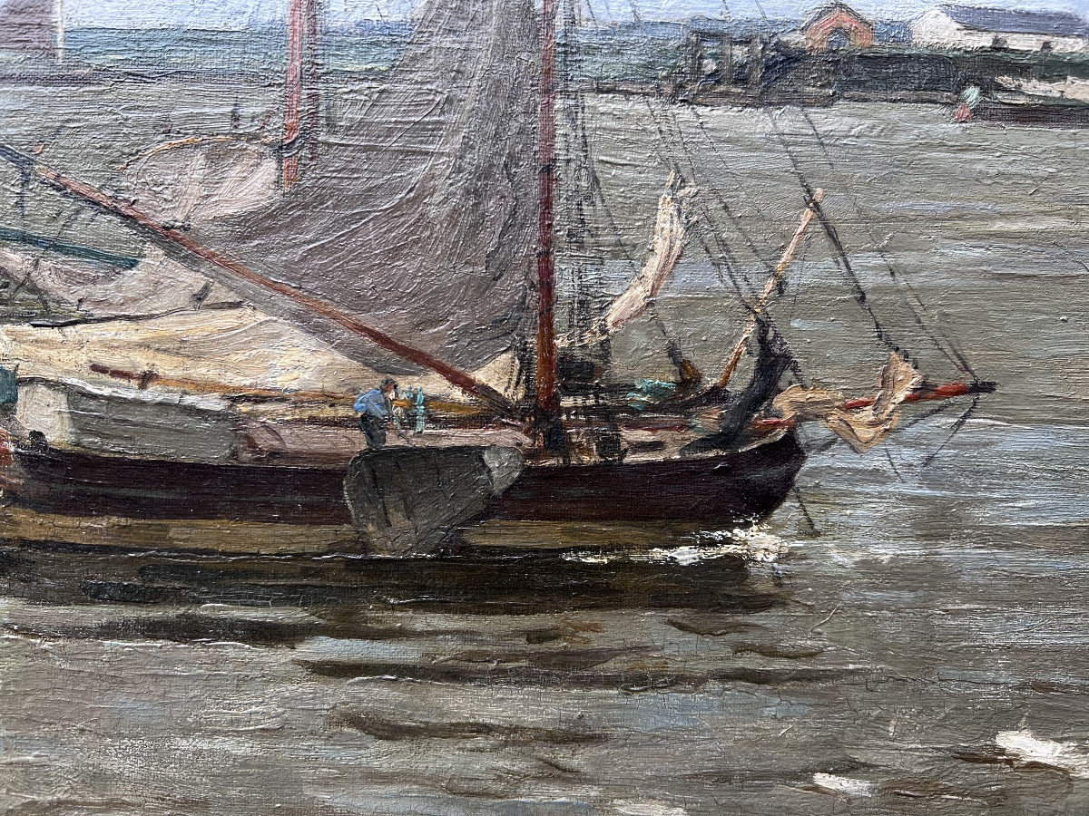 Les pêcheurs sur l’Escaut, huile sur toile. Amédée-ernest Lynen-photo-3