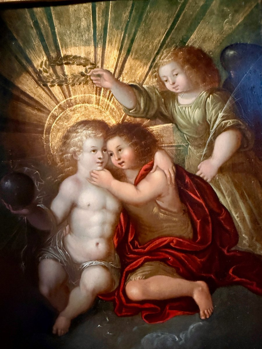 HUILE SUR CUIVRE "Enfant Jésus béni et St jean Baptiste"-photo-3