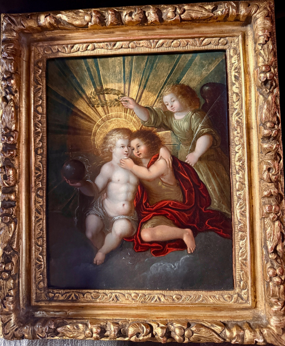 HUILE SUR CUIVRE "Enfant Jésus béni et St jean Baptiste"