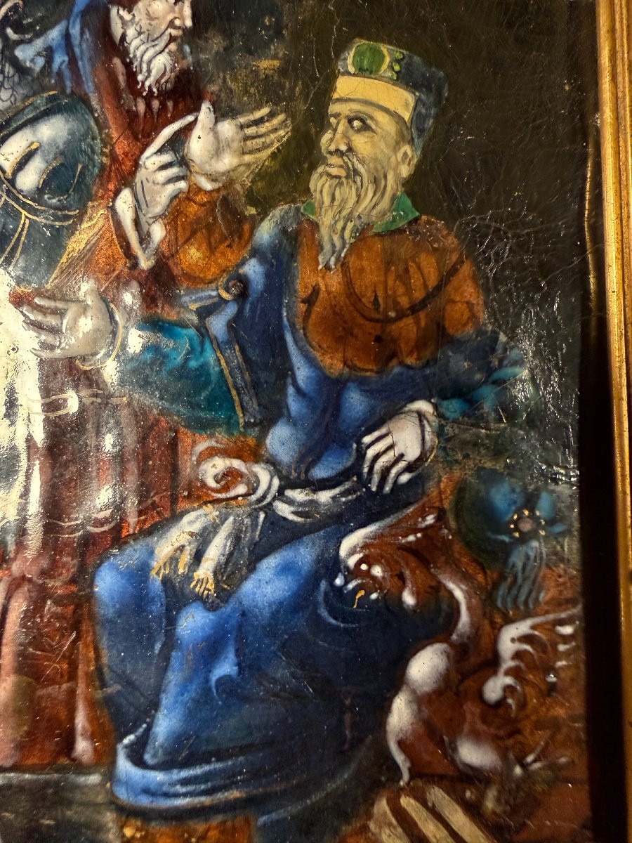 Polychrome Painted Enamel Plaque Christ Before Pilate-photo-3