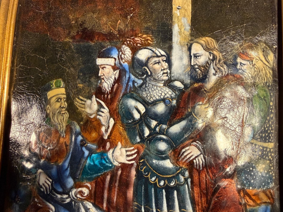 Polychrome Painted Enamel Plaque Christ Before Pilate-photo-4