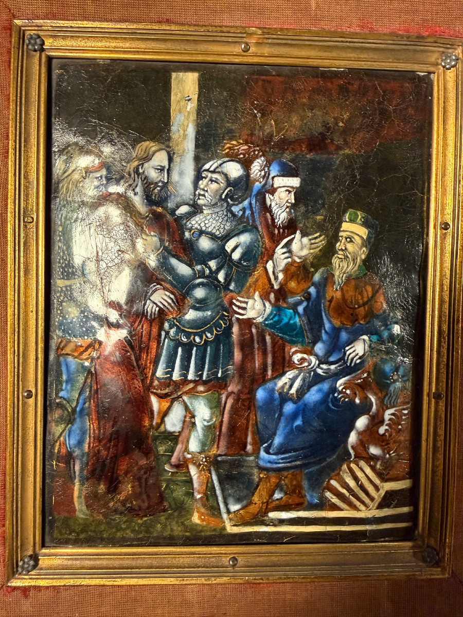 Polychrome Painted Enamel Plaque Christ Before Pilate