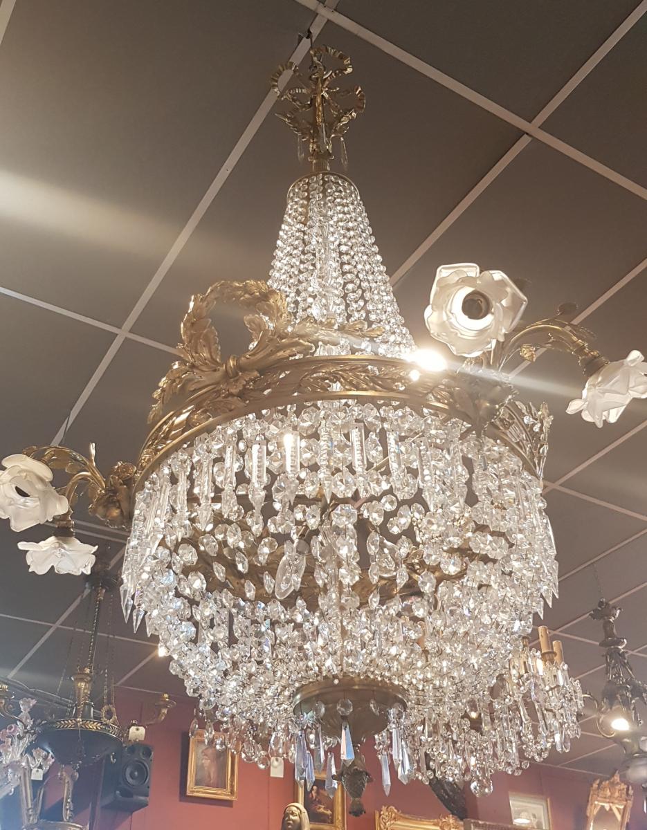 Grand Lustre XIX En Bronze Et Cristal -photo-2