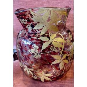 VASE POLYCHROME A DECOR OR ET FEUILLAGE