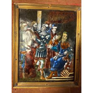 PLAQUE EN EMAIL PEINT POLYCHROME CHRIST DEVANT PILATE