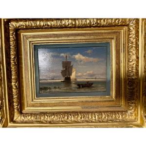 HUILE SUR PANNEAU  BARQUE DEVANT VOILIER