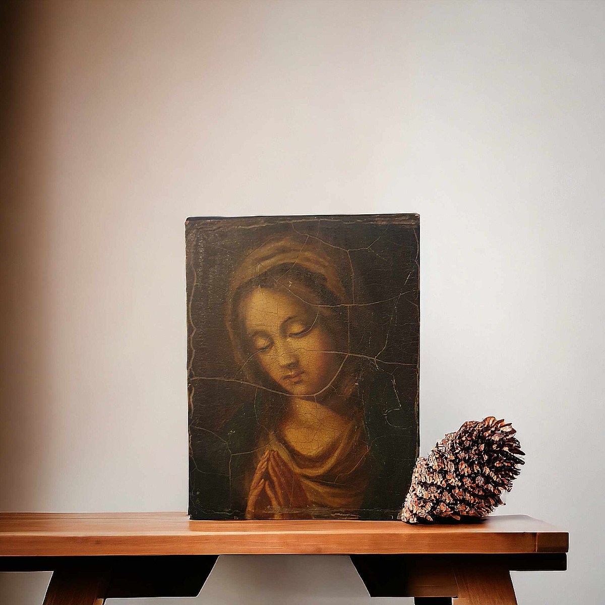 Virgin In Prayer - Chromolithograph On Panel - 19th Century-photo-2