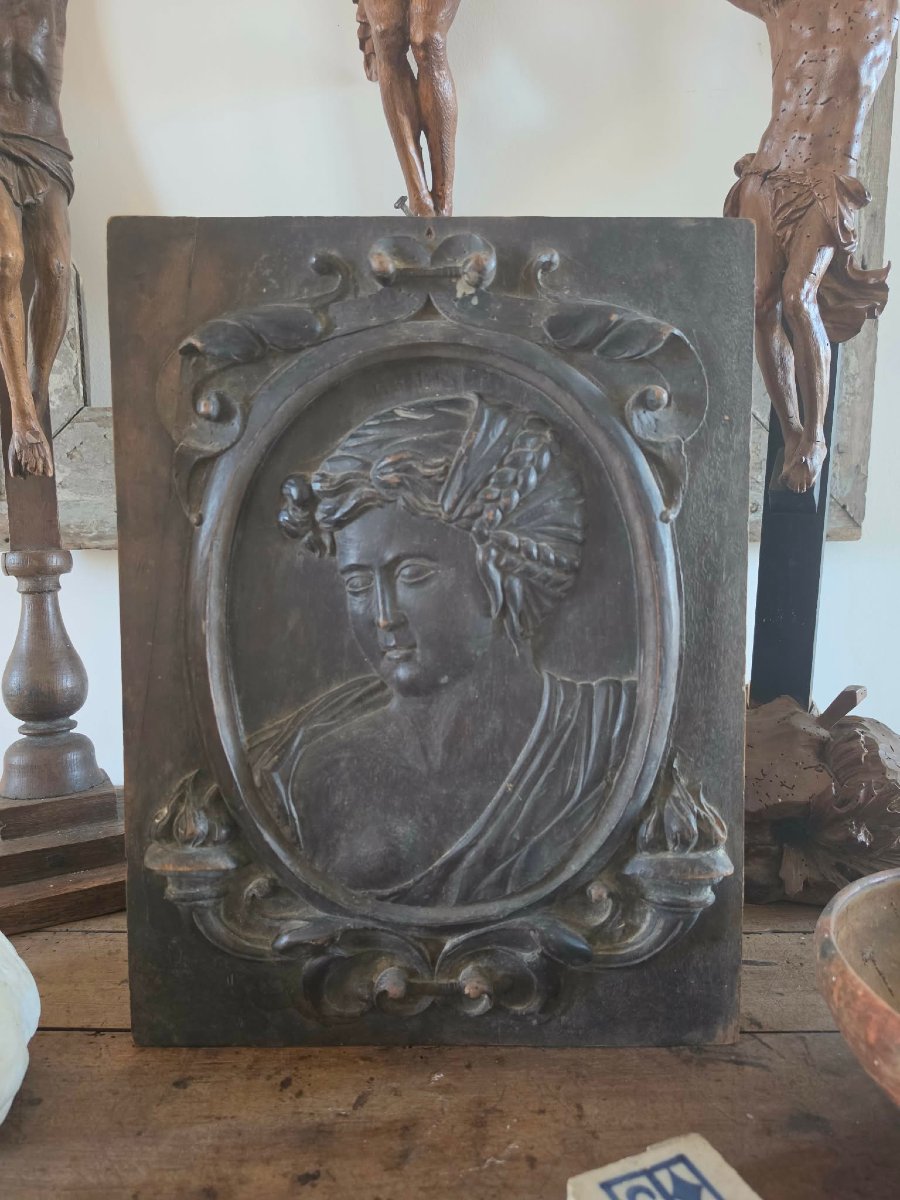 Panneau bois sculpté - Portrait de femme - XVIII/XIXème siècle 